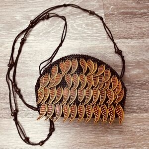 Unique Small Crossbody All Over Leaf Petals Double Zipper Brown Casual Crochet